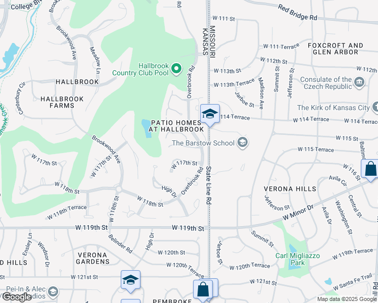 map of restaurants, bars, coffee shops, grocery stores, and more near 2104 West 117th Street in Leawood