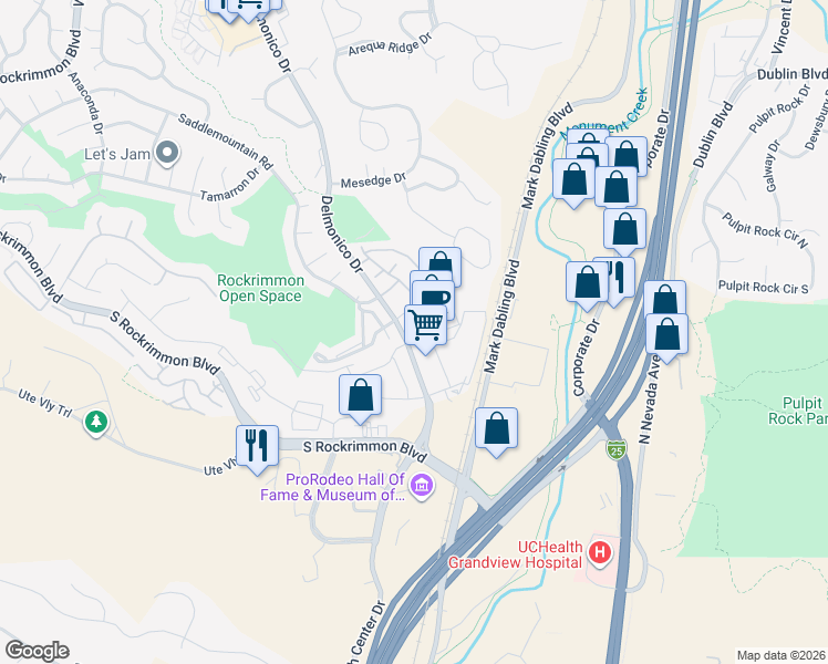 map of restaurants, bars, coffee shops, grocery stores, and more near 5929 Delmonico Drive in Colorado Springs