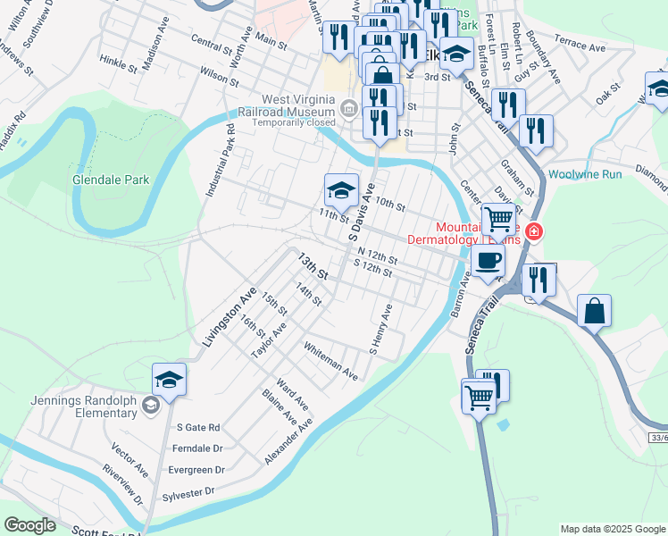 map of restaurants, bars, coffee shops, grocery stores, and more near 1210 South Davis Avenue in Elkins