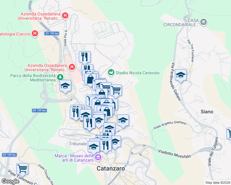 map of restaurants, bars, coffee shops, grocery stores, and more near Via Fratelli Plutino in Catanzaro