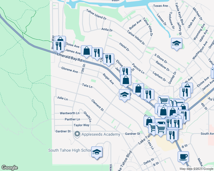 map of restaurants, bars, coffee shops, grocery stores, and more near 772 Glorene Avenue in South Lake Tahoe
