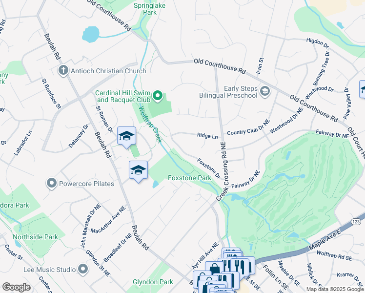 map of restaurants, bars, coffee shops, grocery stores, and more near 1847 Foxstone Drive in Vienna