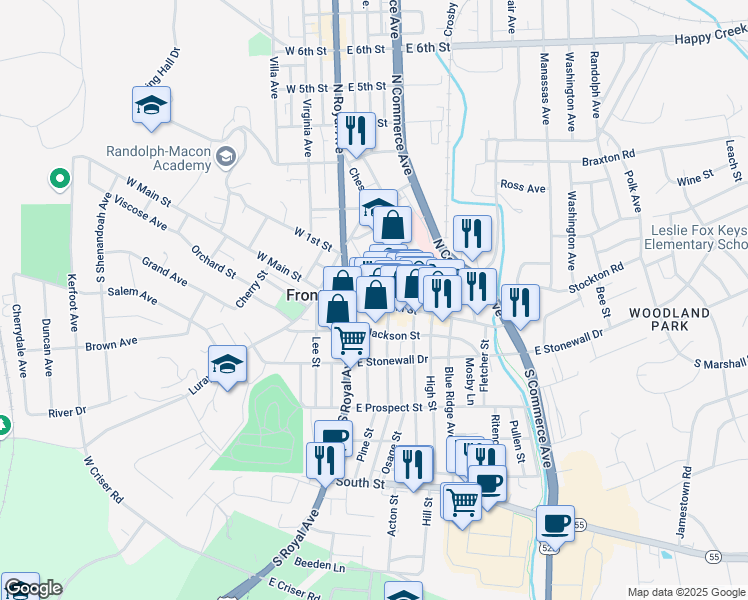 map of restaurants, bars, coffee shops, grocery stores, and more near 131 East Main Street in Front Royal