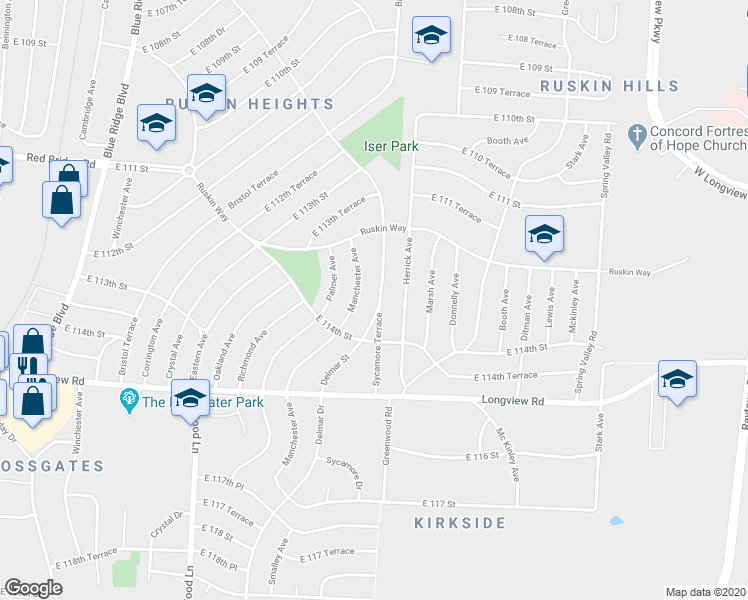 map of restaurants, bars, coffee shops, grocery stores, and more near 11307 Manchester Avenue in Kansas City