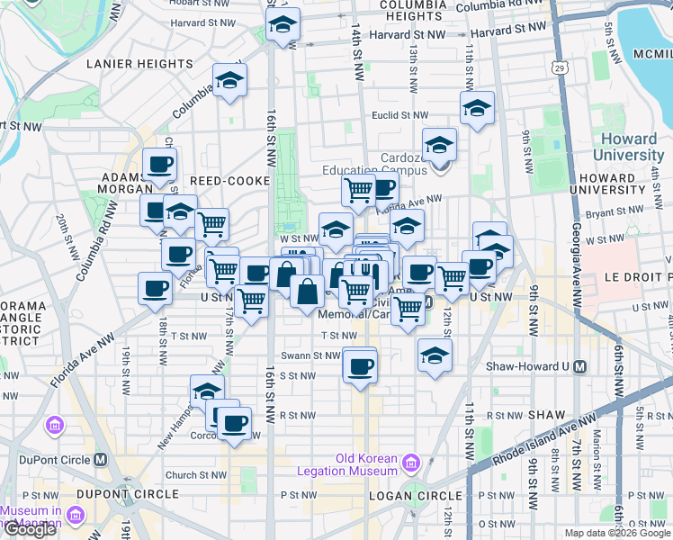 map of restaurants, bars, coffee shops, grocery stores, and more near 1440 V Street Northwest in Washington