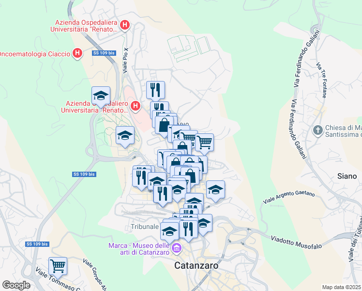 map of restaurants, bars, coffee shops, grocery stores, and more near 25 Via Romeo Domenico in Catanzaro