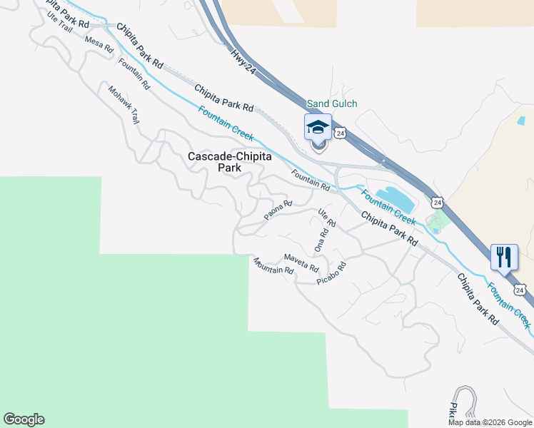 map of restaurants, bars, coffee shops, grocery stores, and more near 9415 Ute Road in Cascade-Chipita Park