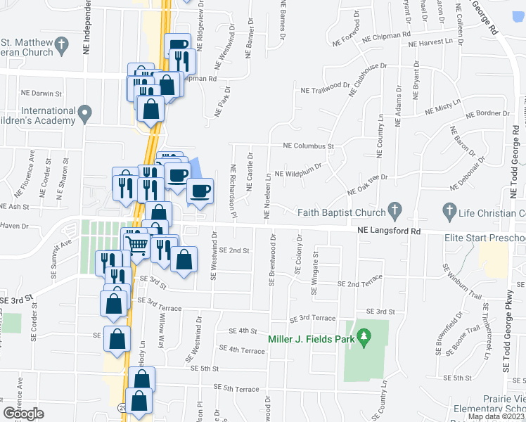 map of restaurants, bars, coffee shops, grocery stores, and more near 204 Northeast Noeleen Lane in Lee's Summit