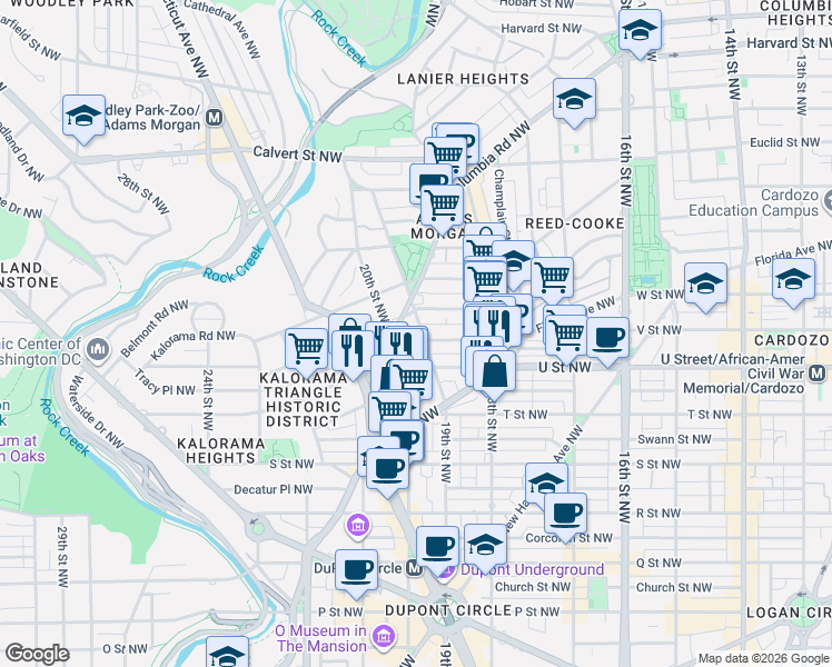 map of restaurants, bars, coffee shops, grocery stores, and more near 2110 19th Street Northwest in Washington