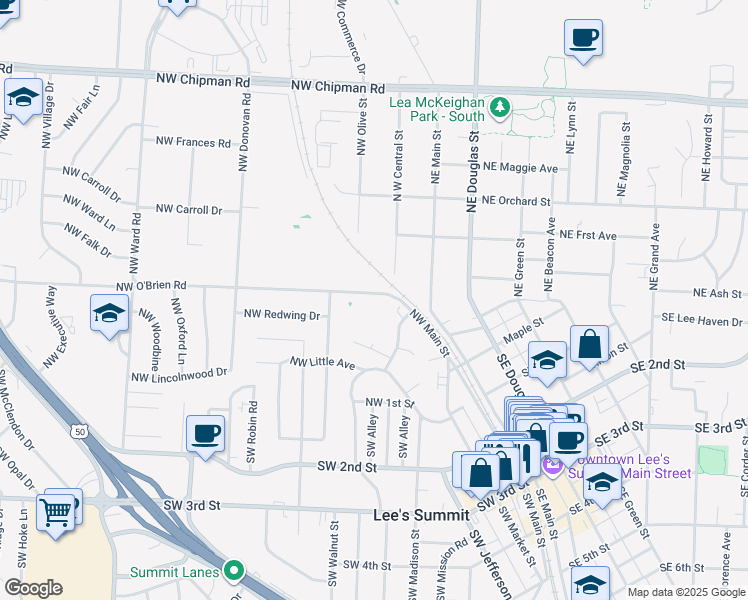 map of restaurants, bars, coffee shops, grocery stores, and more near 3 Northwest O'Brien Road in Lee's Summit