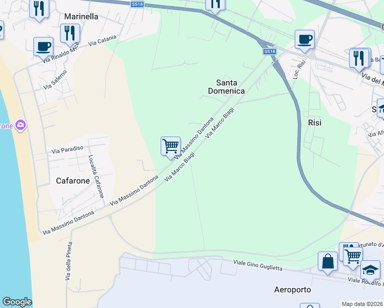map of restaurants, bars, coffee shops, grocery stores, and more near 68 Via Massimo Dantona in Provincia di Catanzaro