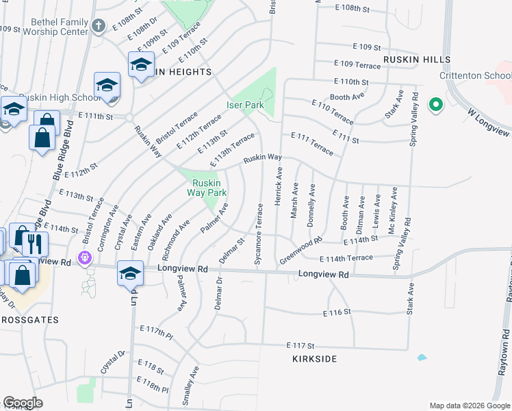 map of restaurants, bars, coffee shops, grocery stores, and more near 11307 Manchester Avenue in Kansas City