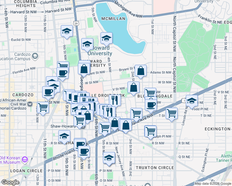 map of restaurants, bars, coffee shops, grocery stores, and more near 101 Independence Avenue Southeast in Washington