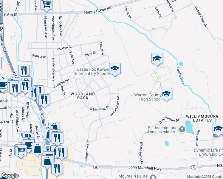 map of restaurants, bars, coffee shops, grocery stores, and more near 989 South Marshall Street in Front Royal