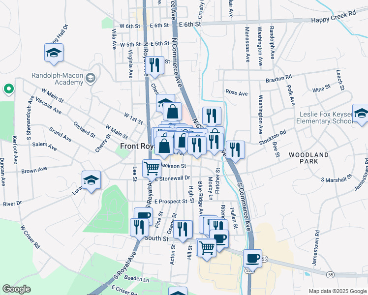 map of restaurants, bars, coffee shops, grocery stores, and more near 12 Chester Street in Front Royal