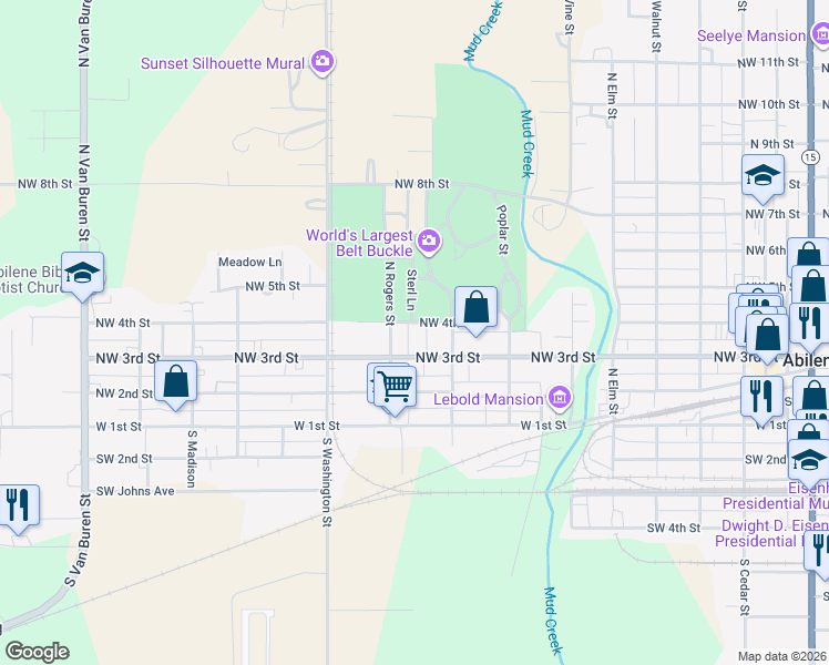 map of restaurants, bars, coffee shops, grocery stores, and more near 301 North Rogers Street in Abilene