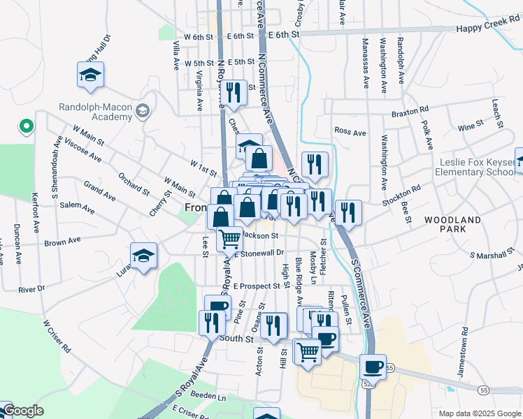 map of restaurants, bars, coffee shops, grocery stores, and more near 202 East Main Street in Front Royal