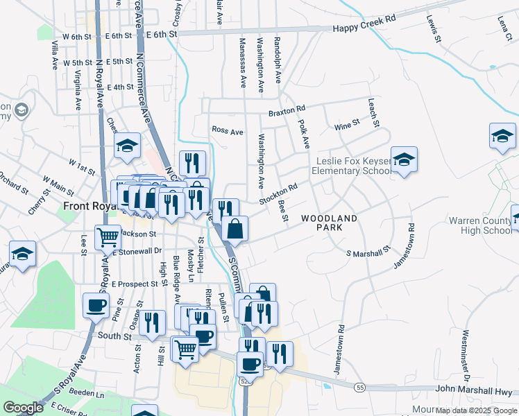 map of restaurants, bars, coffee shops, grocery stores, and more near 607 Stockton Road in Front Royal