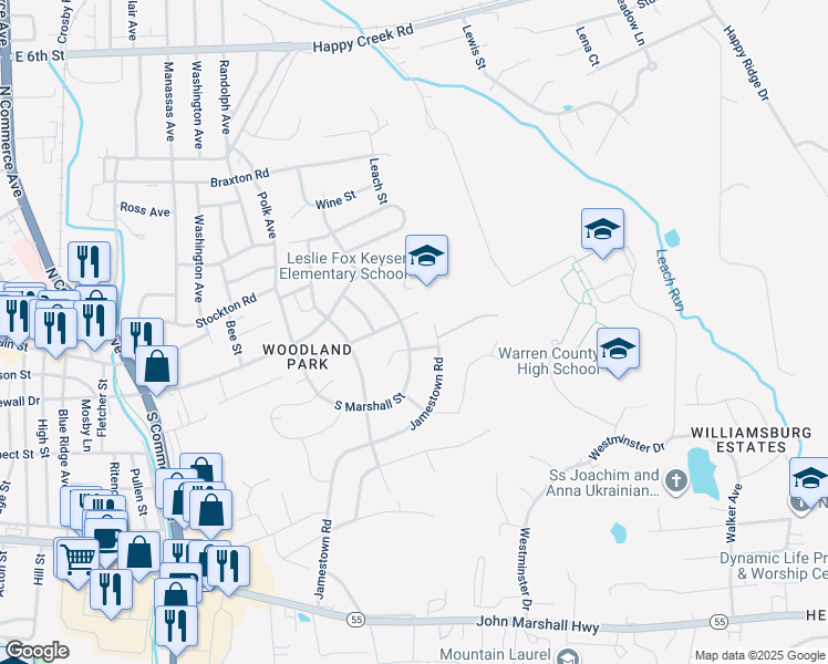 map of restaurants, bars, coffee shops, grocery stores, and more near 989 South Marshall Street in Front Royal