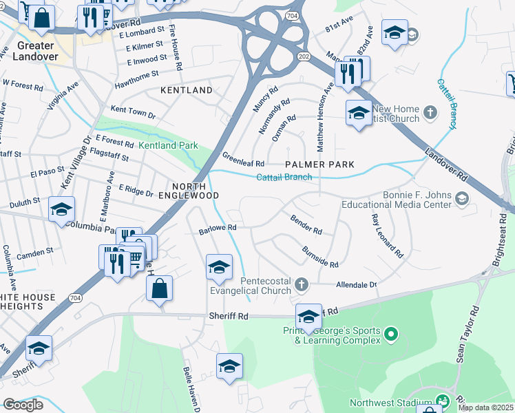 map of restaurants, bars, coffee shops, grocery stores, and more near 7600 Barlowe Road in Hyattsville