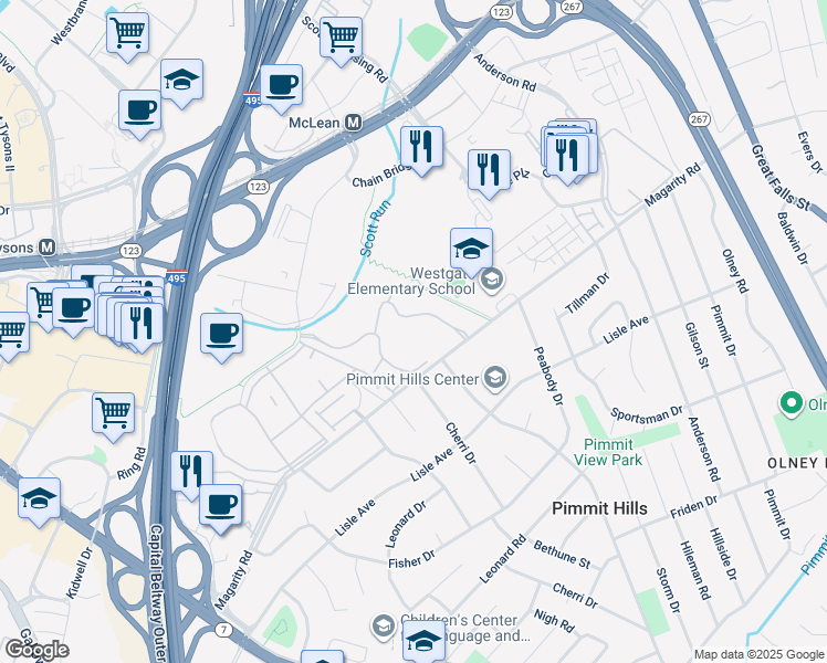 map of restaurants, bars, coffee shops, grocery stores, and more near 7651 Tremayne Place in McLean