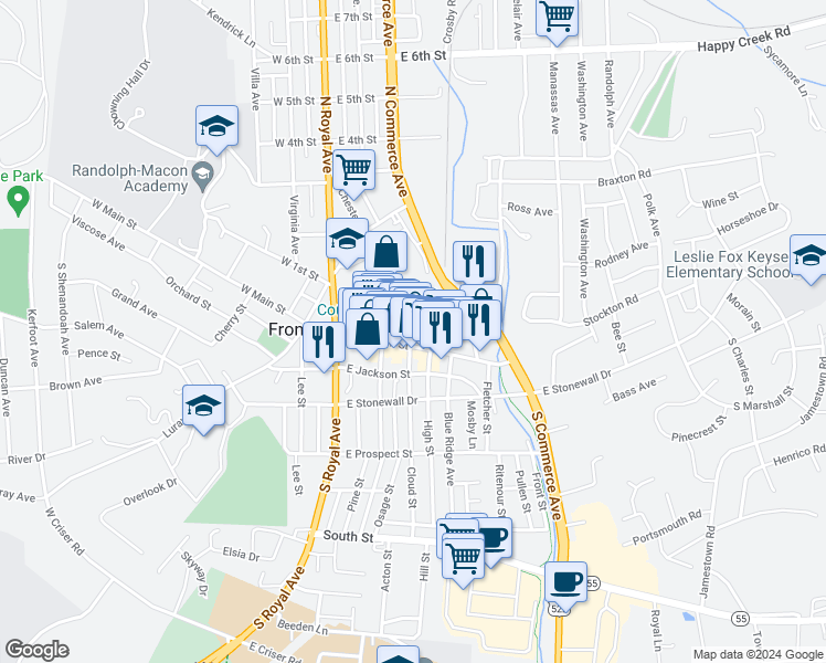 map of restaurants, bars, coffee shops, grocery stores, and more near 12 Chester Street in Front Royal