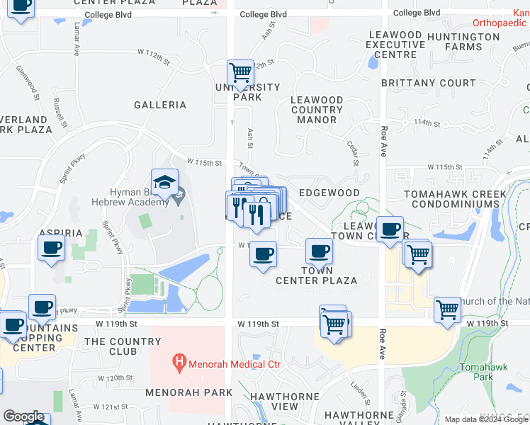 map of restaurants, bars, coffee shops, grocery stores, and more near 5251 West 115th Place in Leawood