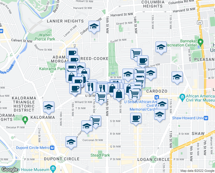 map of restaurants, bars, coffee shops, grocery stores, and more near 16th St NW & V St NW in Washington