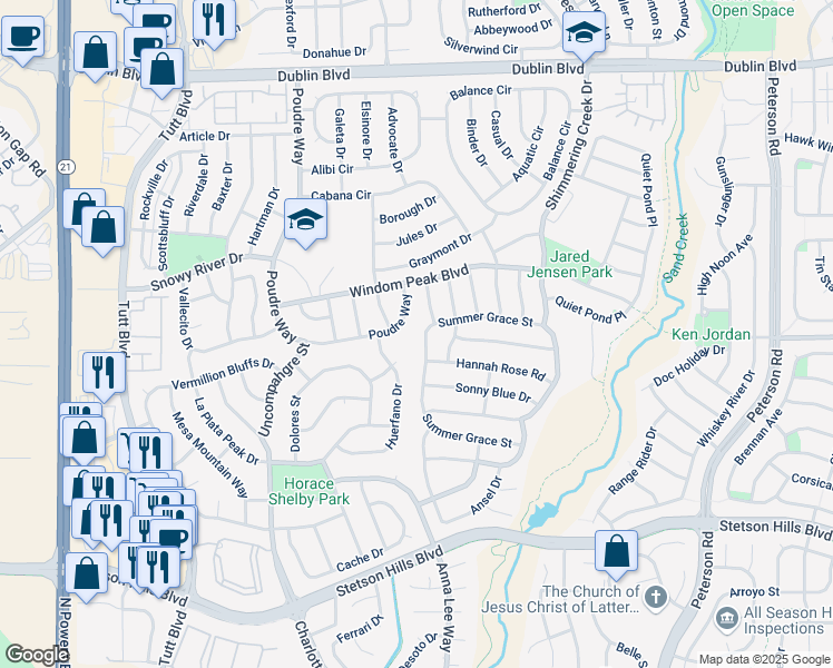 map of restaurants, bars, coffee shops, grocery stores, and more near 6763 Summer Grace Street in Colorado Springs