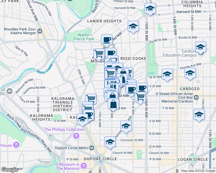 map of restaurants, bars, coffee shops, grocery stores, and more near 1807 California Street Northwest in Washington