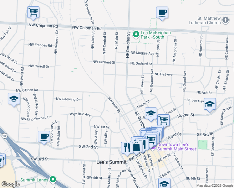 map of restaurants, bars, coffee shops, grocery stores, and more near 207 Northeast Main Street in Lee's Summit