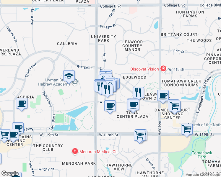 map of restaurants, bars, coffee shops, grocery stores, and more near 5252 West 116th Place in Leawood