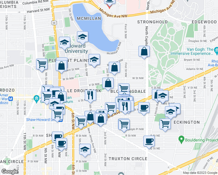 map of restaurants, bars, coffee shops, grocery stores, and more near V St NW & 2nd St NW in Washington