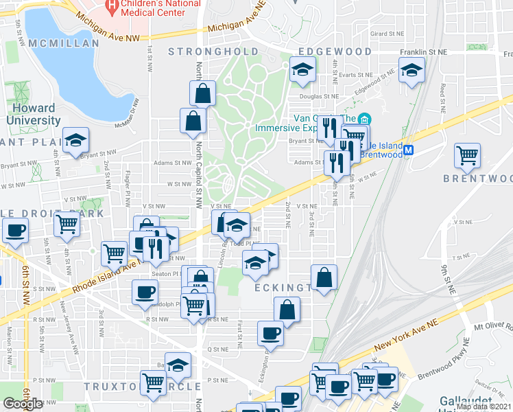 map of restaurants, bars, coffee shops, grocery stores, and more near Rhode Island Ave NE & V St NE in Washington