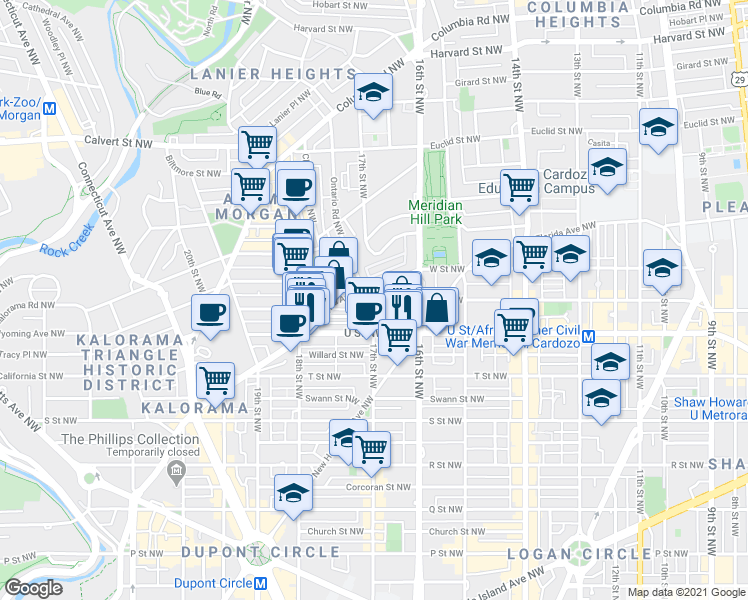 map of restaurants, bars, coffee shops, grocery stores, and more near 17th St NW & V St NW in Washington