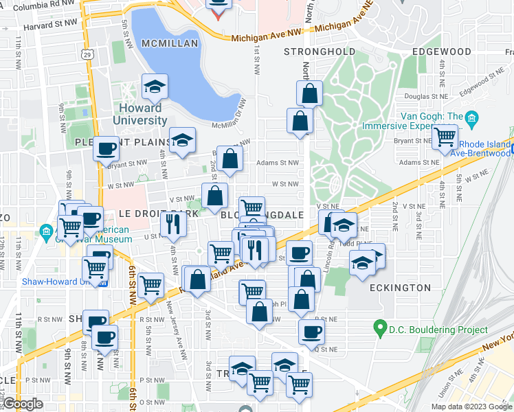 map of restaurants, bars, coffee shops, grocery stores, and more near 1st St NW & V St NW in Washington