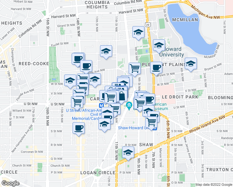 map of restaurants, bars, coffee shops, grocery stores, and more near 11th St NW & V St NW in Washington