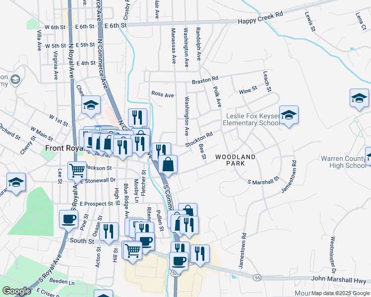 map of restaurants, bars, coffee shops, grocery stores, and more near 607 Stockton Road in Front Royal