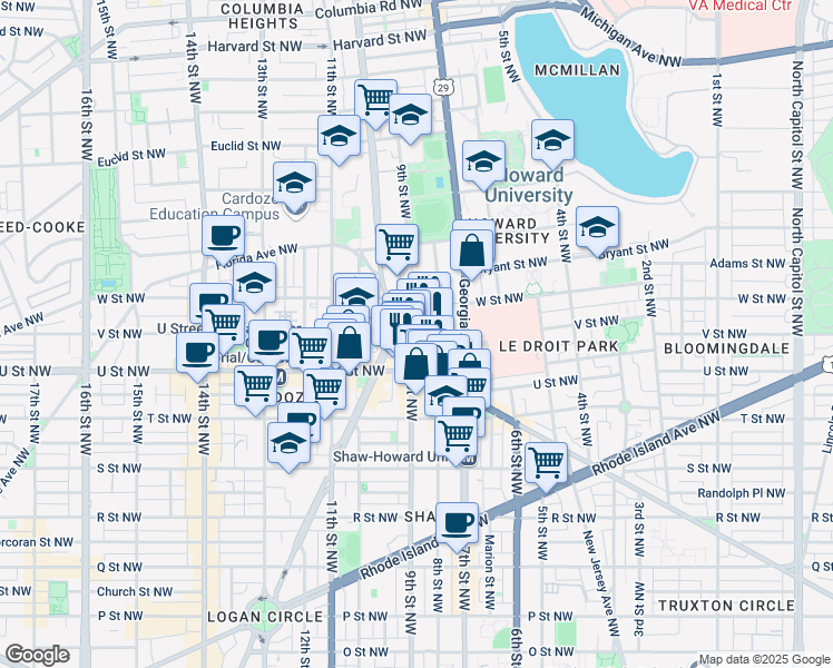 map of restaurants, bars, coffee shops, grocery stores, and more near 2047 9th Street Northwest in Washington