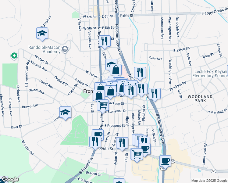 map of restaurants, bars, coffee shops, grocery stores, and more near 126 E Main St in Front Royal