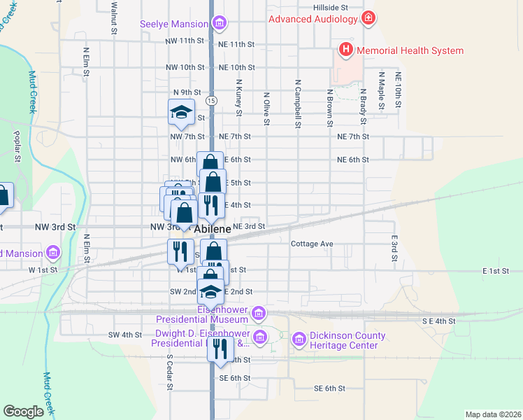 map of restaurants, bars, coffee shops, grocery stores, and more near 304 North Olive Street in Abilene