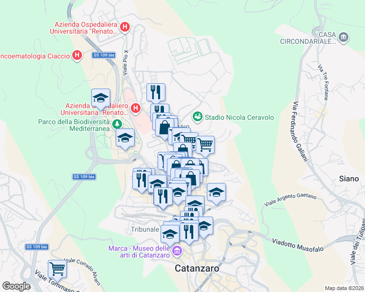 map of restaurants, bars, coffee shops, grocery stores, and more near 25 Via Romeo Domenico in Catanzaro