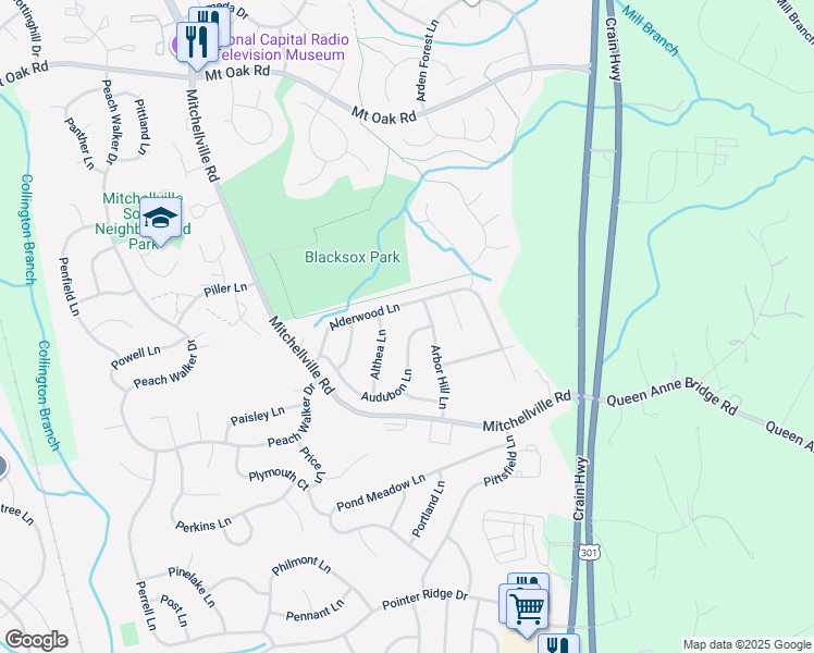 map of restaurants, bars, coffee shops, grocery stores, and more near 16216 Audubon Lane in Bowie