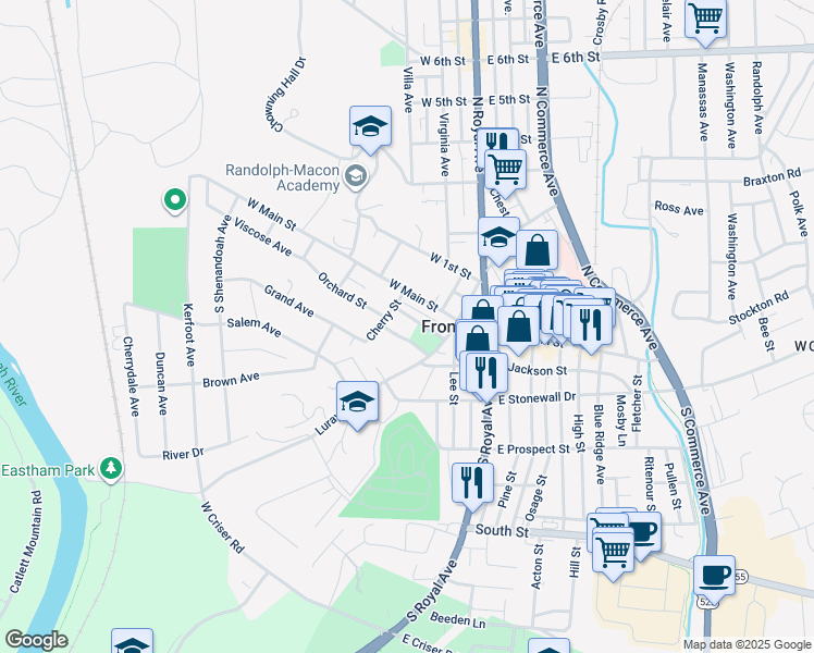 map of restaurants, bars, coffee shops, grocery stores, and more near 101 Luray Avenue in Front Royal
