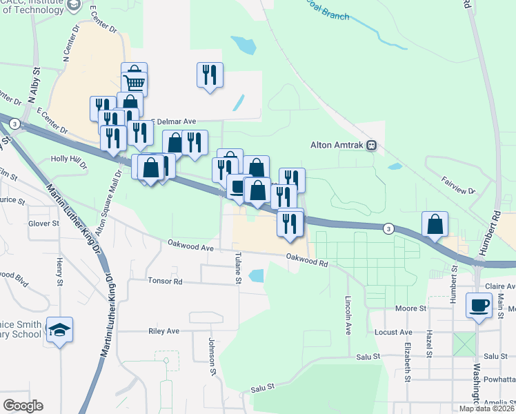 map of restaurants, bars, coffee shops, grocery stores, and more near 1751 E Homer M Adams Pkwy in Alton