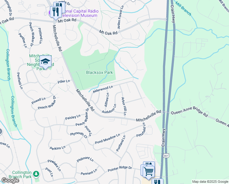 map of restaurants, bars, coffee shops, grocery stores, and more near 16216 Audubon Lane in Bowie
