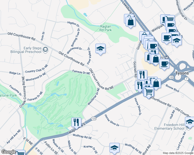 map of restaurants, bars, coffee shops, grocery stores, and more near 305 Old Courthouse Road Northeast in Vienna