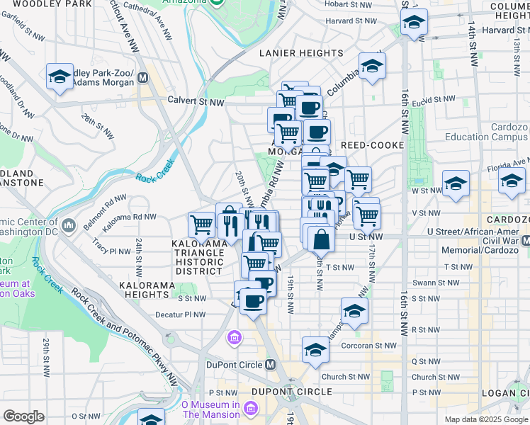map of restaurants, bars, coffee shops, grocery stores, and more near 1930 Columbia Road Northwest in Washington