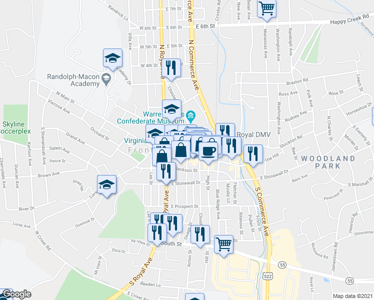 map of restaurants, bars, coffee shops, grocery stores, and more near 126 East Main Street in Front Royal