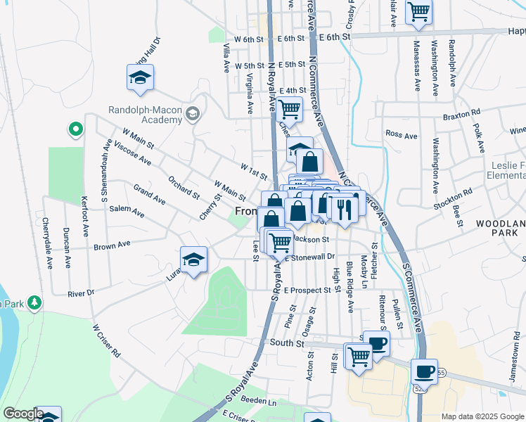 map of restaurants, bars, coffee shops, grocery stores, and more near in Front Royal